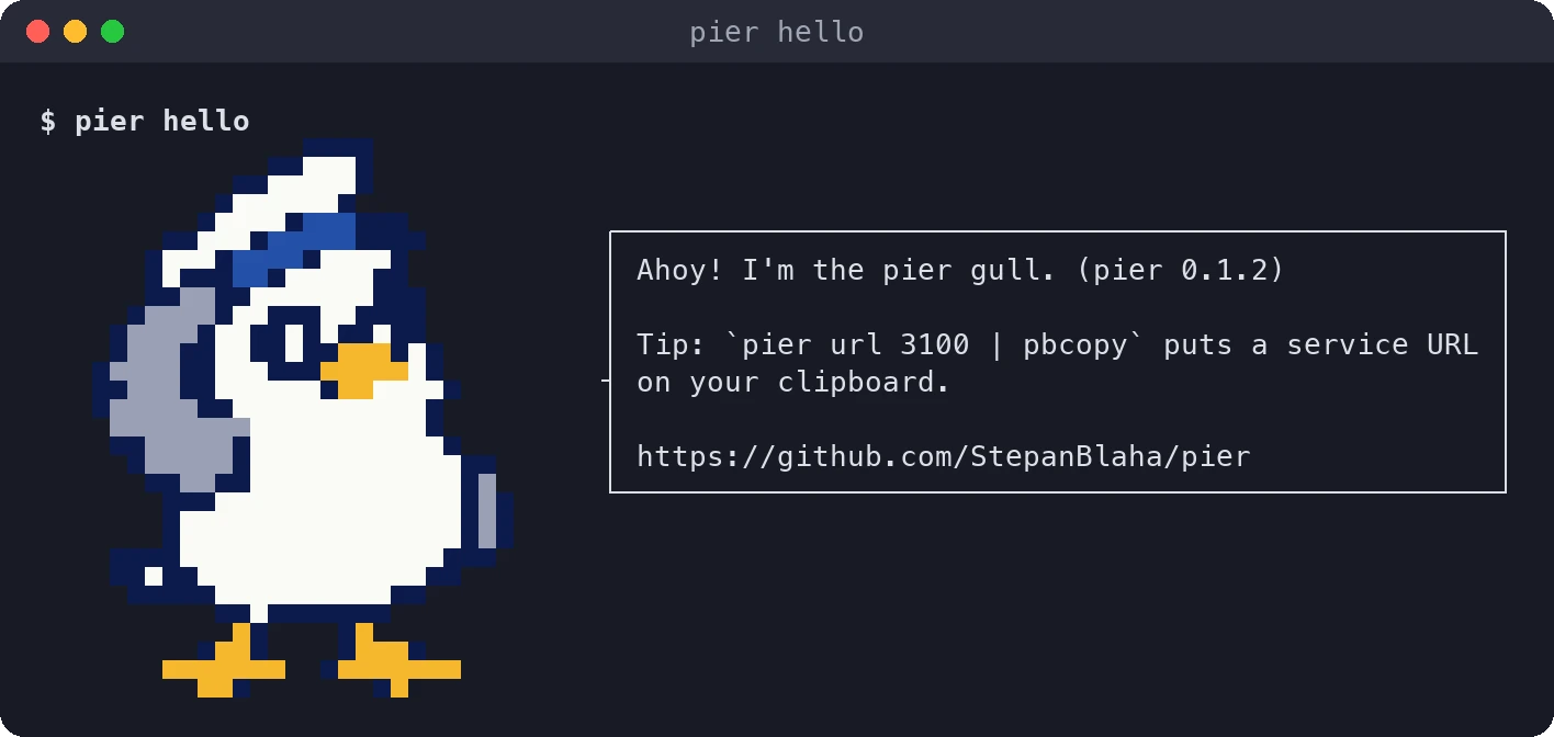 A terminal running pier hello: a pixel art version of the gull next to a speech bubble that says Ahoy, I'm the pier gull, with a tip about pier mcp.