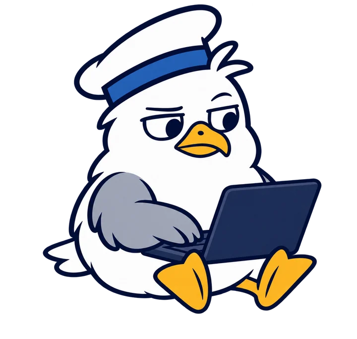 The pier gull typing away on a laptop