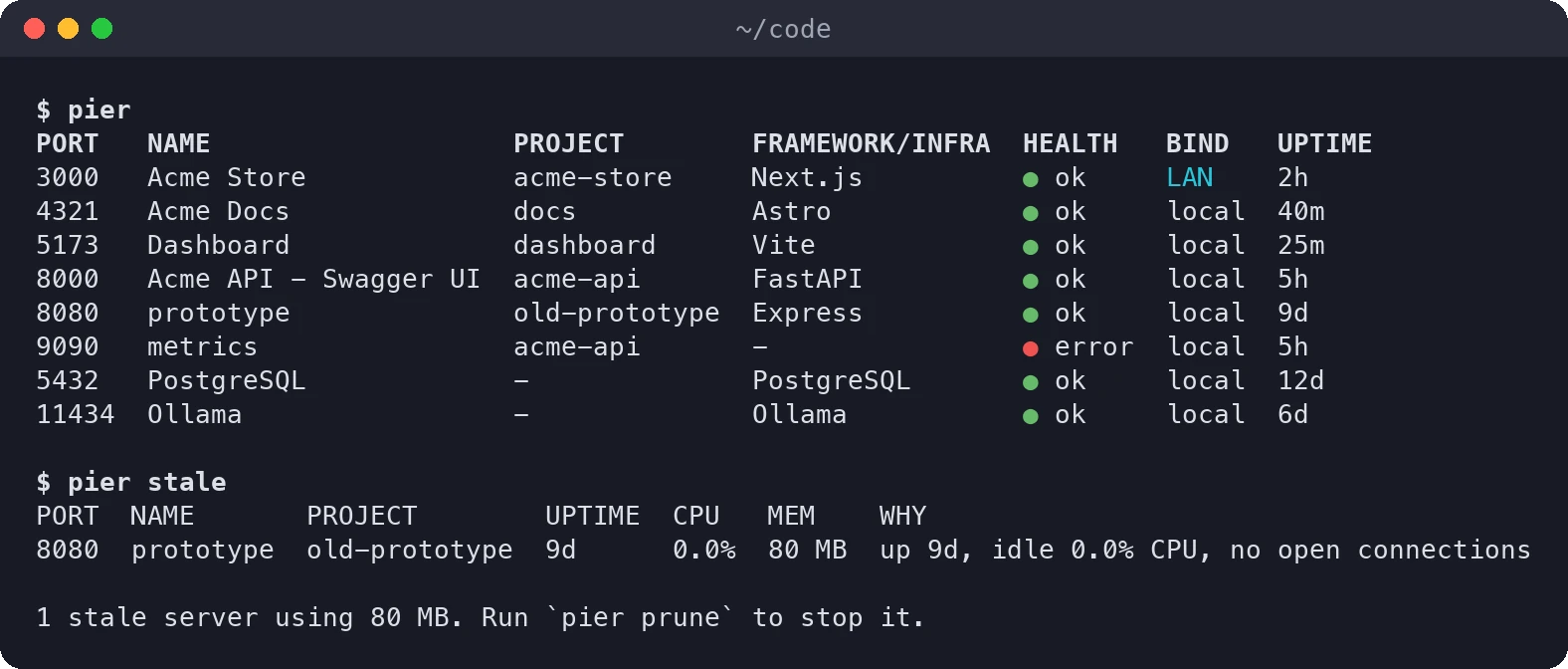 A terminal running pier: a table of ports 3000, 4321, 5173, 8000, 8080, 9090, 5432 and 11434 with project, framework, health, LAN or local binding and uptime. Below it, pier stale reports the forgotten server on port 8080, up 9 days and idle.
